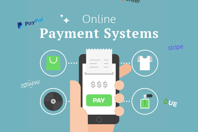 Illustratie van online betalingssystemen, met een smartphone die een betaalinterface weergeeft met verschillende betalingsopties zoals PayPal en Stripe eromheen.