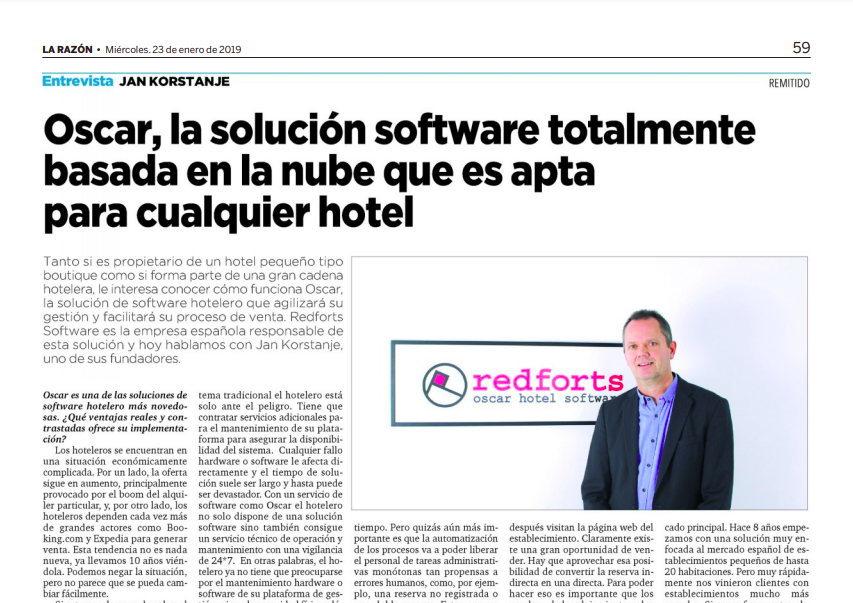 A newspaper article from La Razón featuring an interview with Jan Korstanje, discussing Redforts as a cloud-based hotel management software solution.